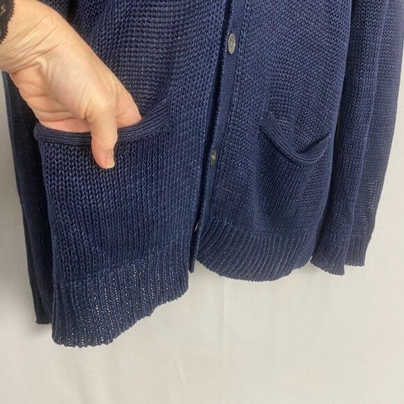 Polo Ralph Lauren Linen Cardigan Sweater Mens Large Blue Elbow Patches Academia - Picture 3 of 13